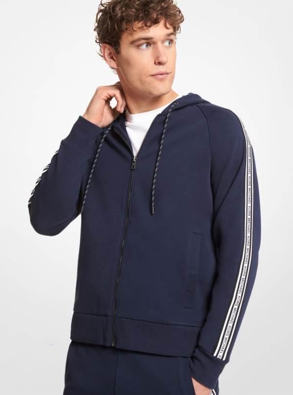 Panske Mikiny S Kapucňou Michael Kors Logo Tape Cotton Blend Zip-Up Indigo - Oblecenie Michael Kors Obchod | JCEPL-3874